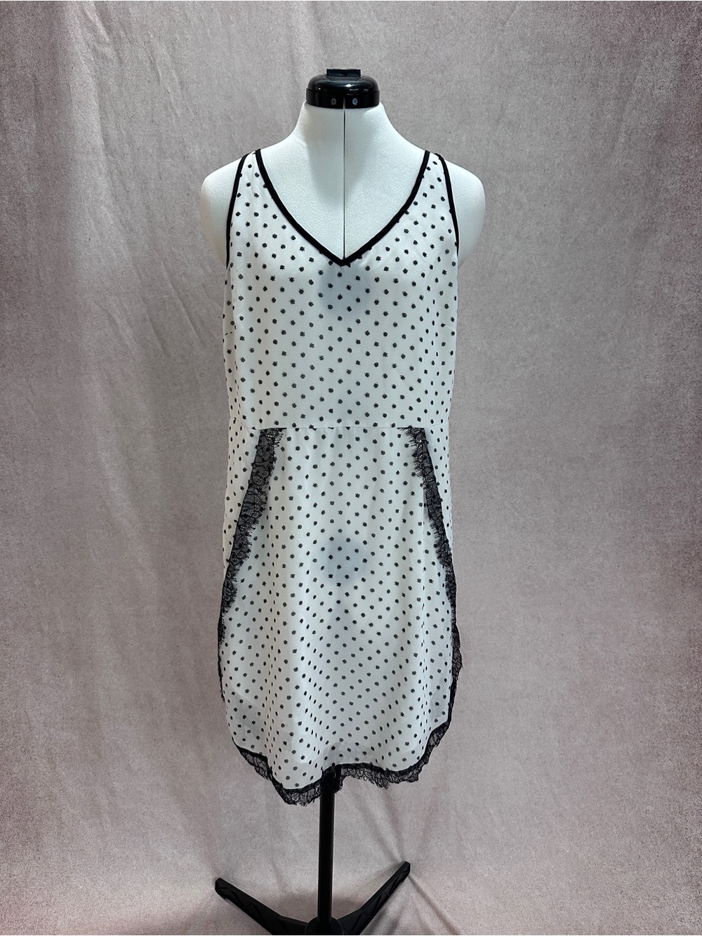 BCBGeneration Ivory Dress with Black Polka Dot V-Neck